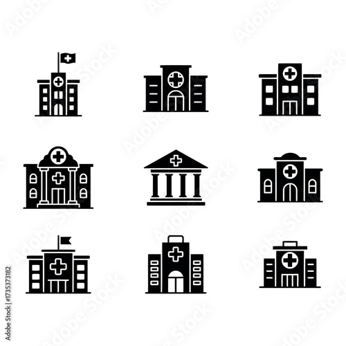 Hospital Icon Set - Medical Building Vector Illustration