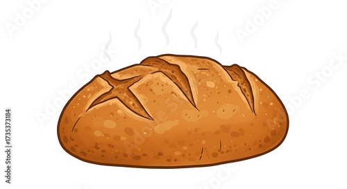 Freshly baked steaming bread loaf illustration. Warm golden crusty bread, bakery food graphic on white background.