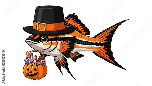 Halloween Fish: A whimsical illustration of a fish adorned in a festive witch hat, clutching a pumpkin filled with candy, perfect for Halloween celebrations. 