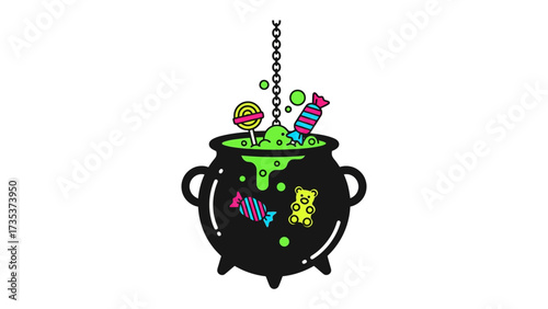Mystical Brew of Sweets: An illustrative cauldron, overflowing with colorful candies, bubbles, and delectable treats, suggesting the enchantment of a sweet celebration.