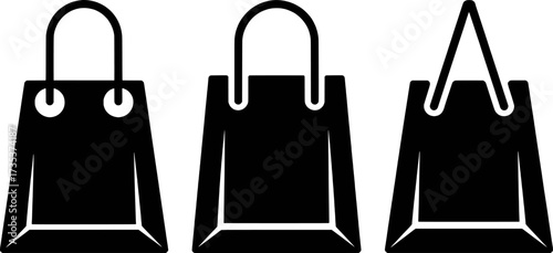 Three Black Shopping Bags with Handles, Isolated on White Background
