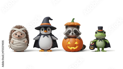 Halloween Critter Extravaganza: An adorable collection of costumed animals, each dressed up in charming Halloween attire. This captures the festive spirit and playful joy of the spooky season.