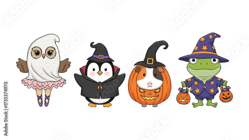 Enchanting Halloween Costumes: Whimsical illustrations of four adorable creatures in charming costumes, each embodying the spirit of Halloween.