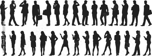 Business silhouettes, professional people, mobile phone usage, office attire, corporate posture, diverse poses, communication gesture, standing figures, 