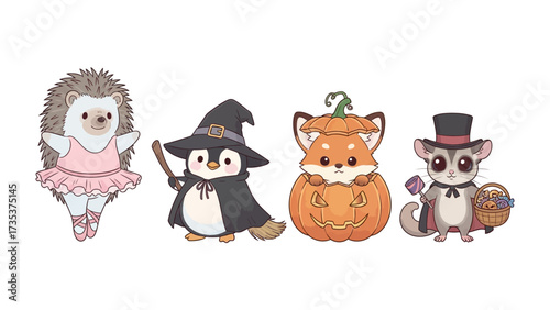 Halloween Costume Party: Charming group of cartoon animals, dressed in whimsical costumes for a festive Halloween celebration, each character exuding personality and cuteness.