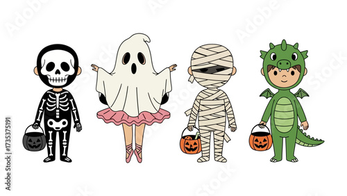 Spooky Ensemble: An adorable collection of children in Halloween costumes. Including the skeleton, the ghost, the mummy and the dragon.