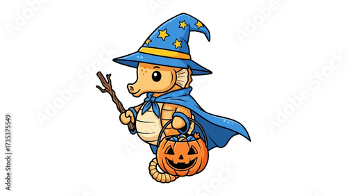 Enchanting Sea Horse Halloween: A whimsical seahorse dressed as a wizard with a star-studded hat and a pumpkin bucket ready for a Halloween adventure.