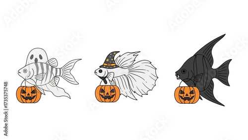 Spooky Fish Halloween: Three stylized fish, one adorned as a ghost, one with a witch's hat, and another in a dark silhouette, all carrying festive pumpkin buckets for Halloween treats. 