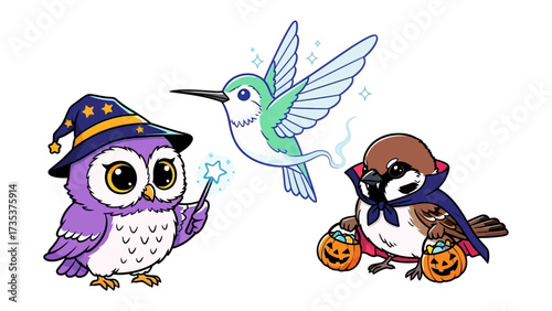 Whimsical Halloween Friends: An adorable gathering of cute creatures in Halloween costumes. A wise owl in a wizard hat casts spells with a magic wand, a hummingbird.