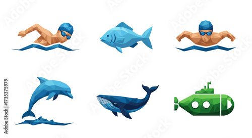 Vector art of swimming activity with swimmers, fish, dolphin, whale, and submarine