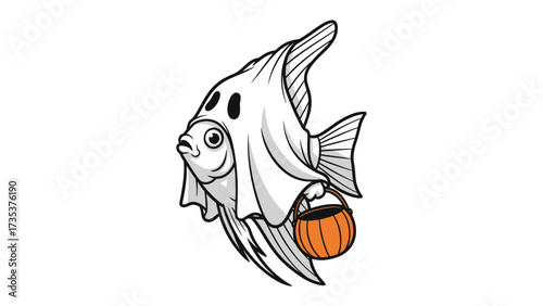 Spooky Angelfish: A charming illustration shows a ghostly angelfish, fully decked out in a ghost costume and ready for Halloween, holding a pumpkin-shaped candy pail.