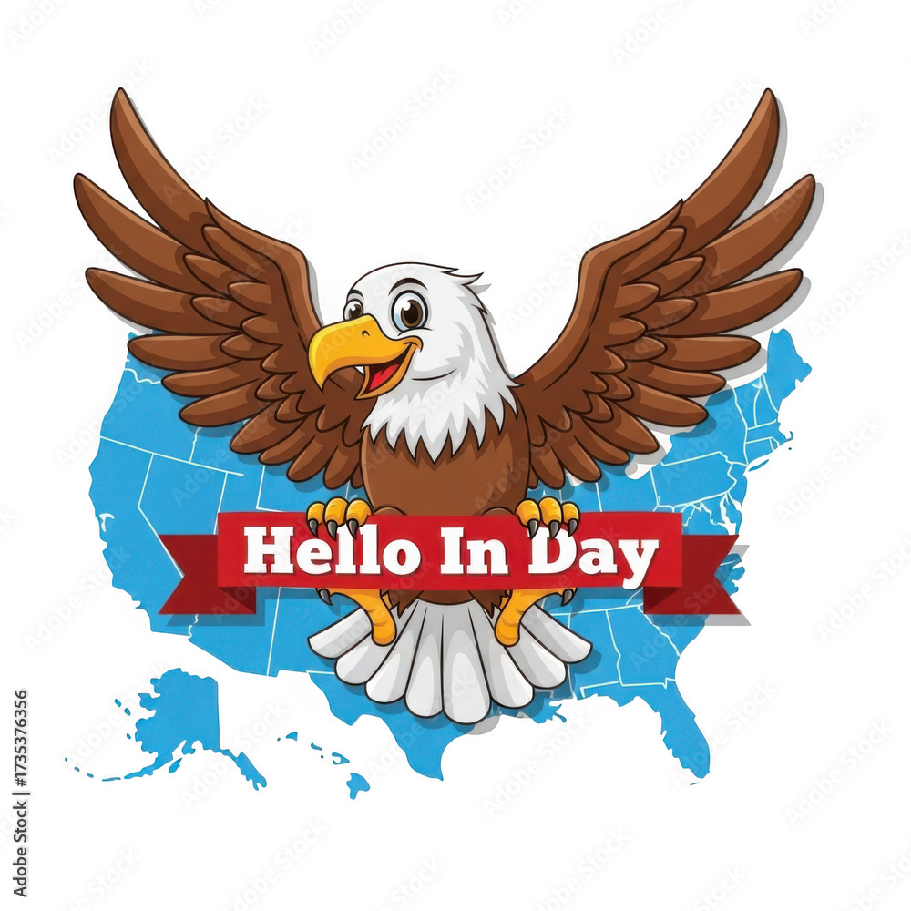 Fototapeta premium Majestic eagle spreads wings over usa map with hello in day banner isolated on transparent background
