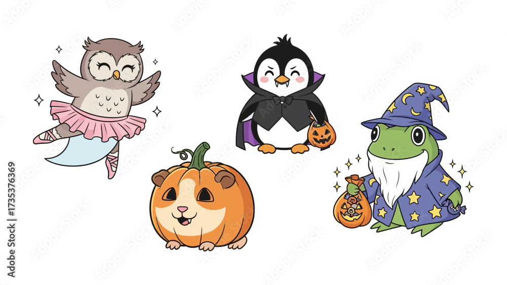 Naklejka premium Magical Creature Celebration: An enchanting collection of whimsical characters: an owl ballerina, a vampire penguin, a pumpkin-clad guinea pig, and a wizard frog, ready for Halloween festivities.