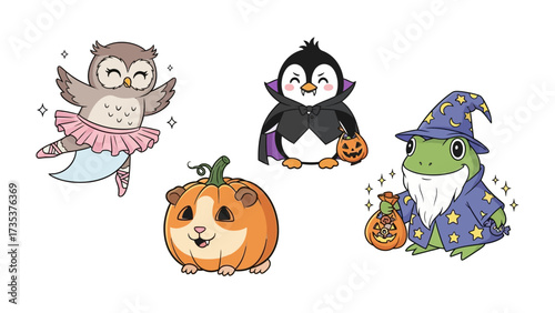 Magical Creature Celebration: An enchanting collection of whimsical characters: an owl ballerina, a vampire penguin, a pumpkin-clad guinea pig, and a wizard frog, ready for Halloween festivities.
