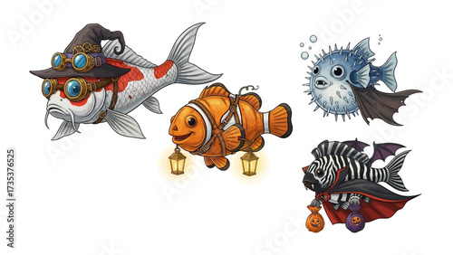 Animated Halloween Fishes: A collection of whimsically animated fishes dressed in festive Halloween costumes against a clean backdrop, perfect for adding a touch of spooky fun.