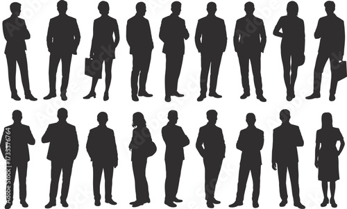 Business silhouettes, professional standing poses, corporate attire, diverse professionals, office people, leadership concept, teamwork icons, formal clothing, executive figures, workplace diversity, 
