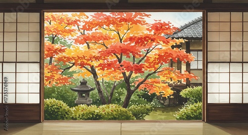 Autumn View from Traditional Japanese Room: Serene Landscape, Warm Colors
