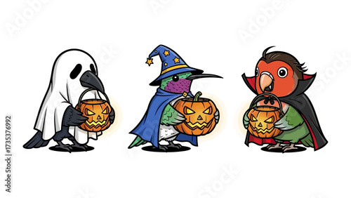 Halloween avian entourage: Three whimsical birds, playfully dressed in Halloween costumes, holding glowing jack-o'-lanterns, bring a festive touch to the spooky season.