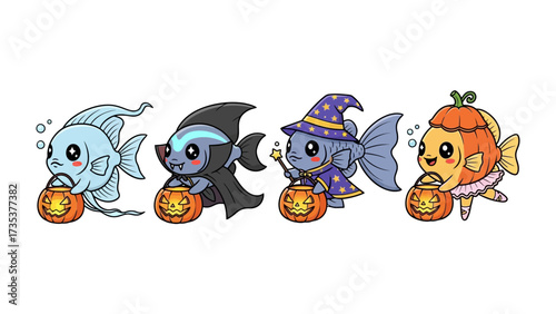 Halloween fish: A whimsical scene of four cute fishes adorned in spooky Halloween costumes, each carrying their own carved pumpkin lantern, against a backdrop of playful cartoon art.