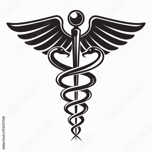 Black Caduceus Symbol with Spread Wings and Two Coiled Snakes on White Background medical symbol