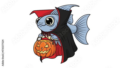 Spooky Fish in Halloween Costume: An adorable, cartoonish fish dressed in a vampire costume holding a carved pumpkin, perfectly capturing the spooky and playful spirit of Halloween. 