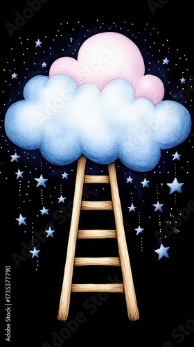 Whimsical Pink and Blue Clouds with Wooden Ladder and Starry Night Sky Creates a Dreamy Celestial Illustration with Mystical Elements on Black Background