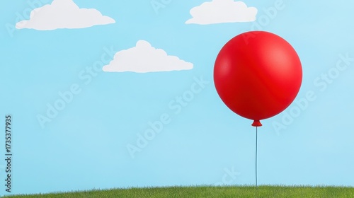 Red Balloon Floating Above Green Grass with White Paper Clouds Against a Blue Sky in a Playful Artificial Style