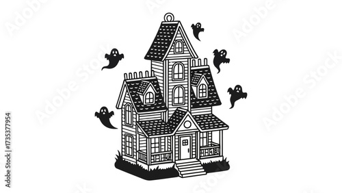 Spooky Mansion and Ghosts: A detailed black and white illustration showcases a spooky mansion surrounded by floating ghosts, creating a chilling yet whimsical atmosphere.