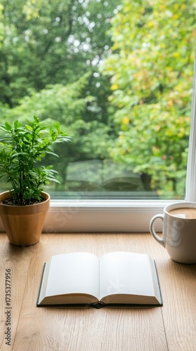 Open Book and Coffee Mug by the Window with Green Trees Pot Plant on Wooden Table Featuring Sunlight Ideal for Relaxing Time and Natural Background