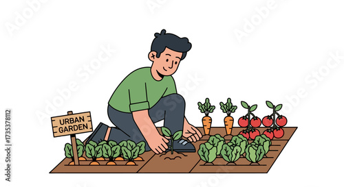 Illustrated Urban Gardener Tending to Vegetables in a Small Raised Bed Plot, Ideal for Promoting Sustainable Living and Community Garden Initiatives