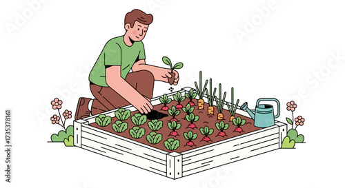 Man tending to a vibrant vegetable garden, showcasing sustainable living, promoting healthy eating habits, and illustrating the joy of homegrown produce for sustainable lifestyle content.