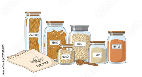 Zero Waste Pantry Illustration Featuring Glass Jars and Reusable Bags For Sustainable Living and Environmentally Friendly Food Storage Solutions