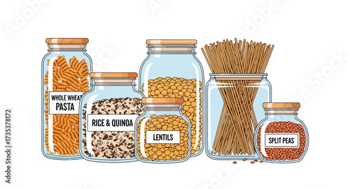 Illustrated Pantry Staples in Glass Jars for Sustainable Kitchen Storage and Eco-Friendly Food Preservation Solutions, Promotes Zero-Waste Living and Organized Cooking
