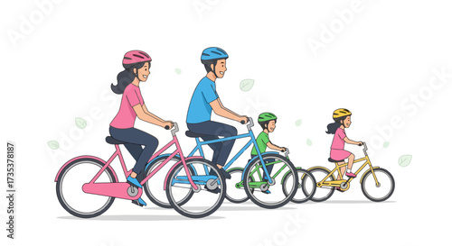 Happy family biking together illustration showcasing active lifestyle, promoting family bonding, outdoor activities, and helmet safety for family-related projects and healthy living campaigns.