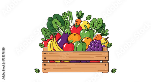 Vibrant assortment of fresh produce in a wooden crate illustration, perfect for illustrating healthy eating habits, farm-to-table concepts, or promoting local farmers markets.