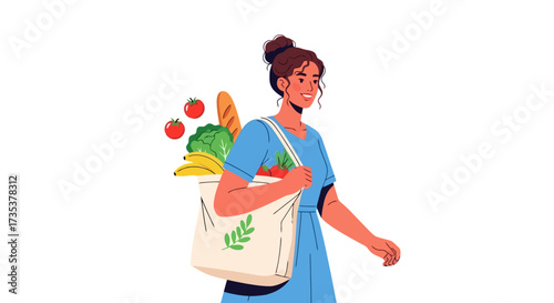 Woman with Reusable Grocery Bag Filled with Fresh Produce for Sustainable Shopping, Promoting Eco-Friendly Choices and Healthy Eating Habits in Modern Lifestyle.