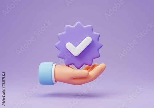 3D Hand Holding Verified Badge Icon Concept of Approval Certification and Confirmation Representing Success and Achievement on a Purple Background