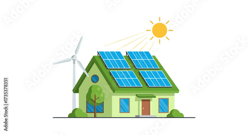 Eco-Friendly House with Solar Panels and Wind Turbine for Sustainable Living and Renewable Energy Solutions for Environmental Preservation and Green Initiatives