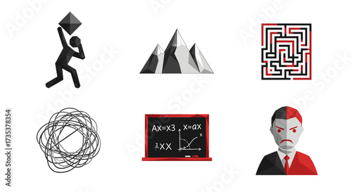 Vector art of set of icons representing challenges and difficulties