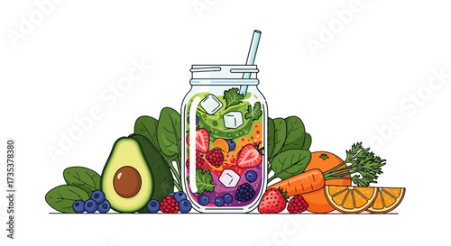 Vibrant fruit and vegetable smoothie illustration in mason jar, ideal for promoting healthy eating, wellness blogs, and nutritional information materials.