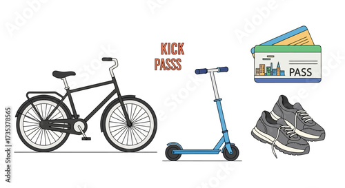 Active Lifestyle Illustration Featuring Bicycle, Scooter, Pass, and Sneakers for Promoting Eco-Friendly Transportation and Healthy Urban Living
