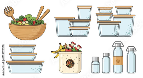 Sustainable Kitchen Essentials Illustration Showcasing Reusable Food Storage Containers and a Fresh Salad for Eco-Friendly Meal Prep and Waste Reduction
