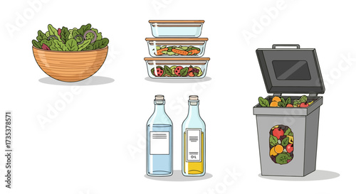 Illustration of Food Waste Management and Sustainable Practices for Educational Materials and Environmental Awareness Campaigns