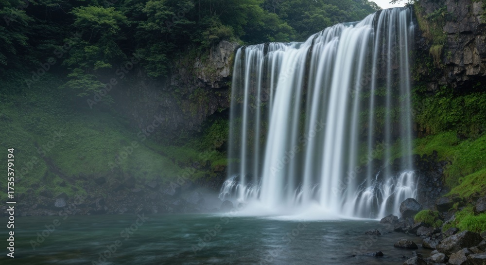 Obraz premium Majestic waterfall cascading into a pool, lush green landscape