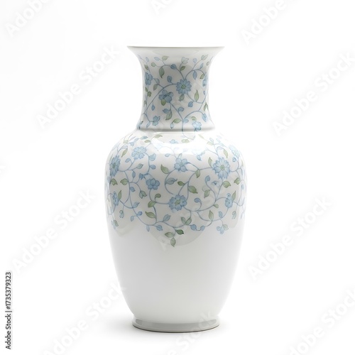 Elegant Porcelain Vase with Delicate Floral Pattern on White Background.