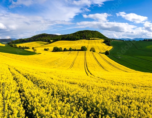 Panoramic view of a vibrant yellow rapeseed field, rolling hills, and a backdrop of green fields and forests under a partly cloudy sky