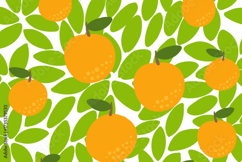 Bright orange citrus fruits surrounded by vibrant green leaves create a lively pattern on a white background evoking freshness