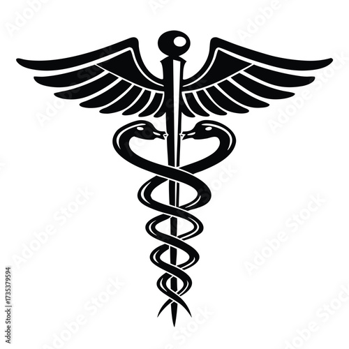 Black Caduceus Symbol with Wings and Two Snakes on White Background Keywords: caduceus, symbol, medical, health, healthcare, medicine, snake, serpent, wings, staff, rod, healing, doctor, pharmacy