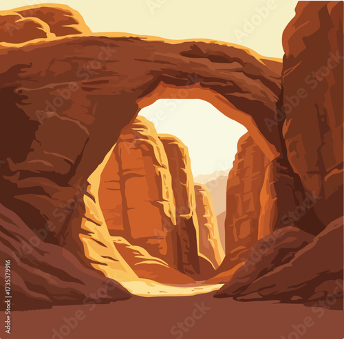 Arched Canyon Landscape Eroded Rock Formation with Natural Bridge and Sunlight.