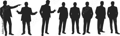 Businessmen silhouette in suit, corporate posture, professional gesture, team leadership, confident stance, formal attire, executive presence, business communication, standing pose, teamwork concept, 